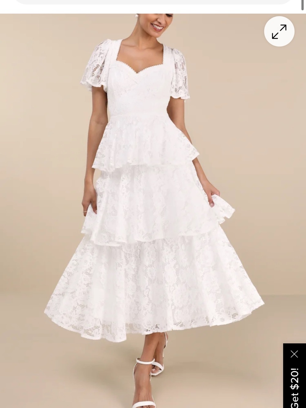 Lulu's White Lace Tiered Peplum Midi Dress